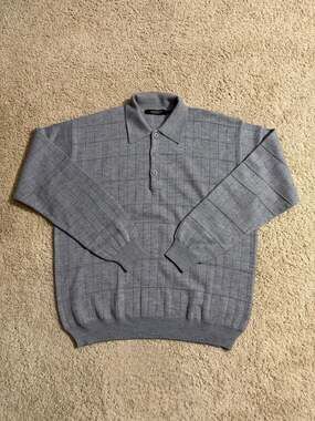 Vintage Bachrach Made in Italy Wool Blend Windowpane Knit Polo Sweater Gray Size